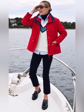 Mackintosh New England Red Lined Utility Coat XL Navy Trim